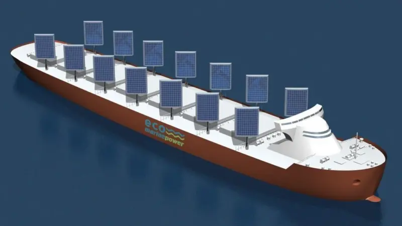 Impression of the Aquarius Eco Ship concept applied to a large bulk carrier where the rigid sails and solar modules help power the ship and reduce fuel consumption