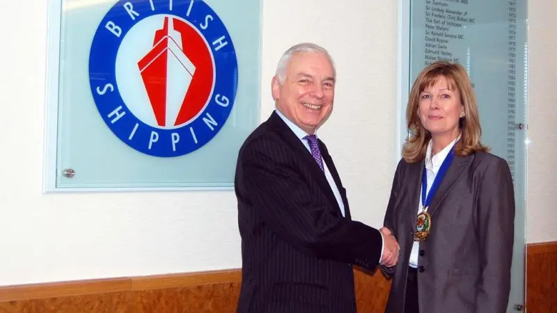Michael Parker hands over to his successor as Chamber of Shipping president, Helen Deeble