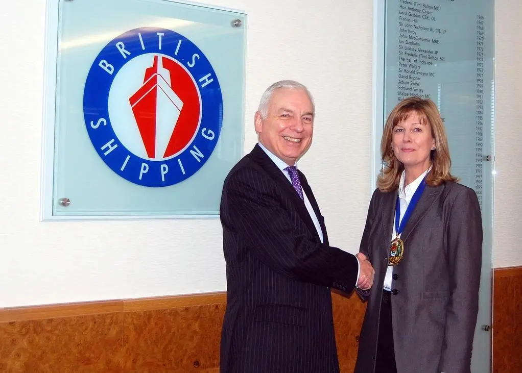 Michael Parker hands over to his successor as Chamber of Shipping president, Helen Deeble
