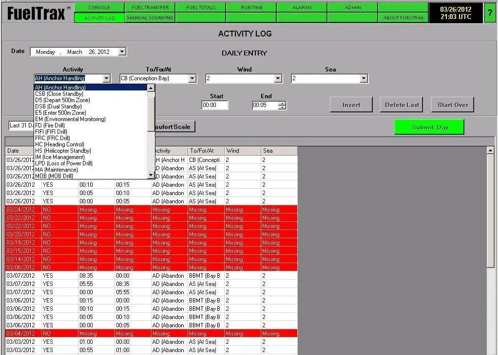 FuelTrax screen shot showing activity coding