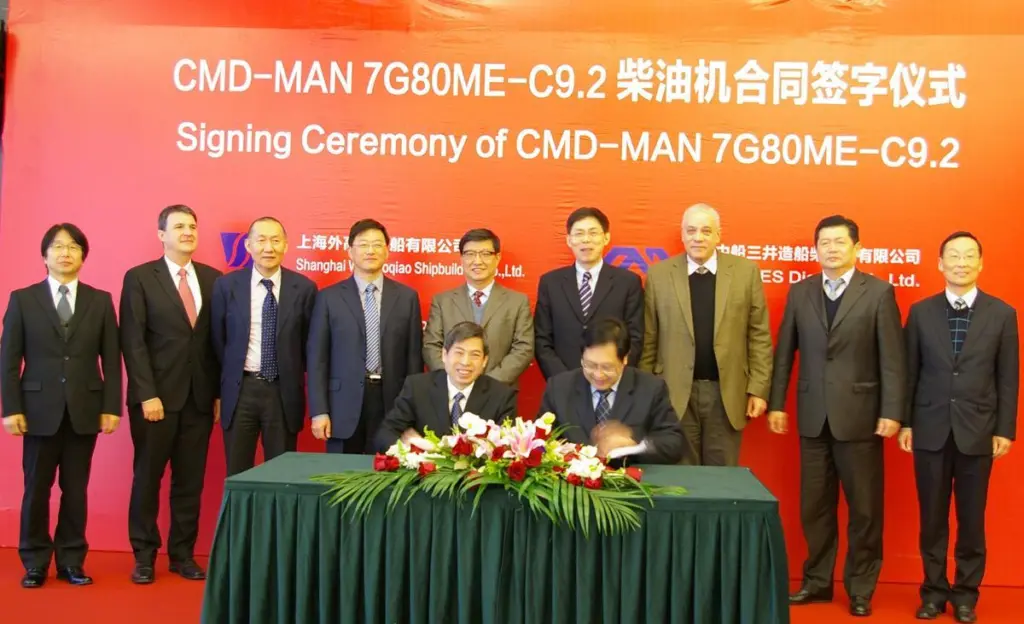 Pictured at the signing ceremony (standing, from left to right): Kimihiko Sugiura – president CMD, Goetz Kassing – managing director, MAN Diesel & Turbo Shanghai, Liu Yanbin – trade relations, Greece-China Association, Wang Yongliang – vice pres...