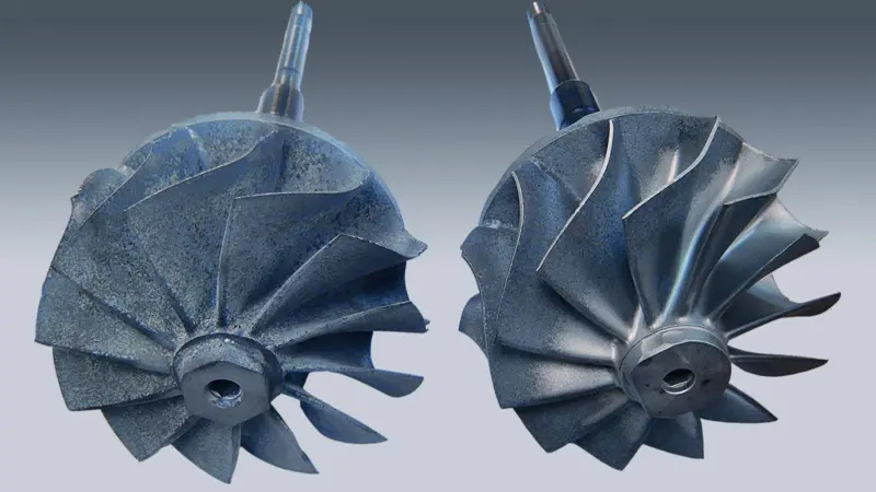 ABB strongly recommends use of original parts - after just a few hours, damage is evident on the non original turbine shaft (left)compared with the ABB original part (right)