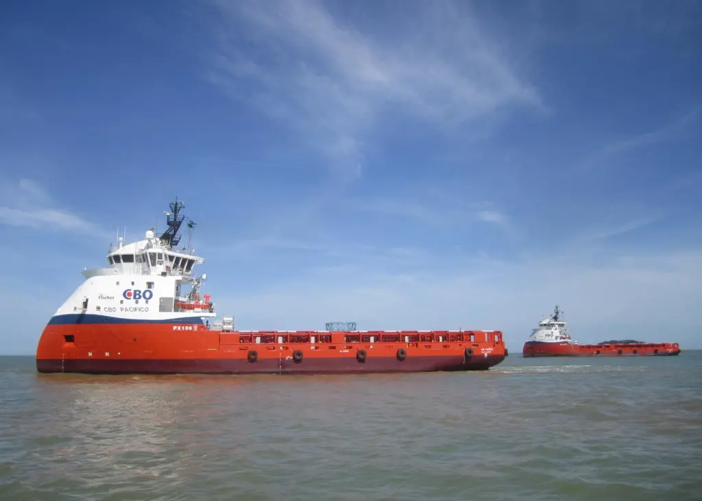 PSV ‘CBO Pacifico’, delivered from Estaleiro Alianca in Brazil, in company with sister ship ‘CBO Atlântico’, delivered earlier this year. (picture:  Ulstein/Thomas Bigset)