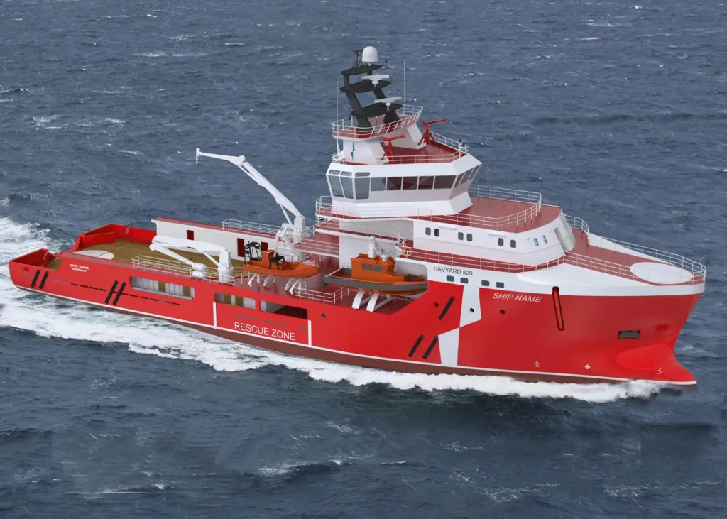 The Havyard 820 design field support vessel is described as a next-generation support ship with the most modern fire-fighting and field support solutions