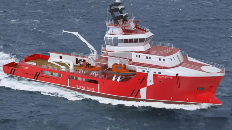 The Havyard 820 design field support vessel is described as a next-generation support ship with the most modern fire-fighting and field support solutions