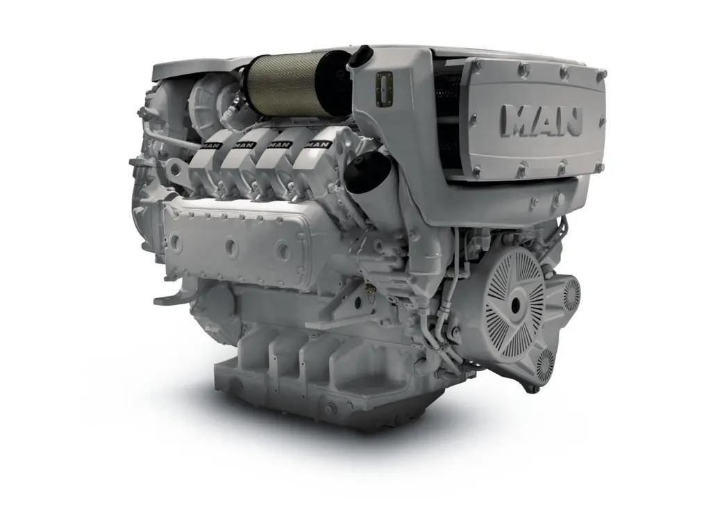 MAN’s D2868 LE421 heavy-duty rated high-speed marine diesel, from the group’s truck and bus division in Nuremberg
