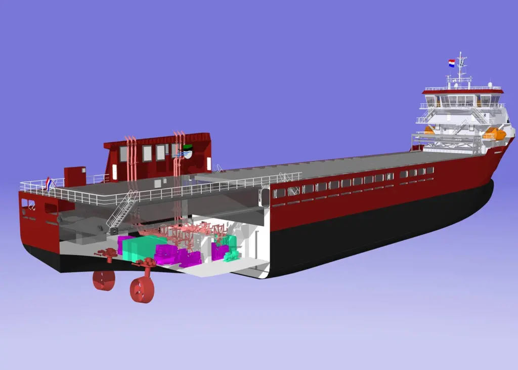 The VG6000-E cargo ship design, applied to three Dutch newbuilds, uses a diesel-electric system with a direct current (DC) bus (Vuyk Engineering Groningen)