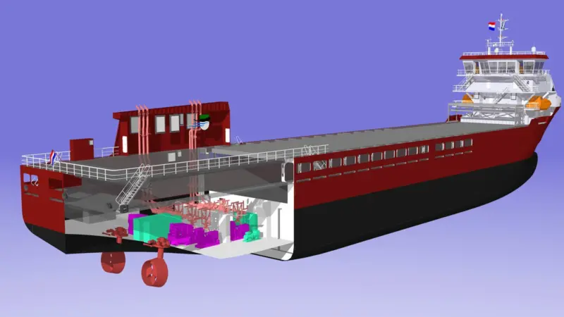 The VG6000-E cargo ship design, applied to three Dutch newbuilds, uses a diesel-electric system with a direct current (DC) bus (Vuyk Engineering Groningen)