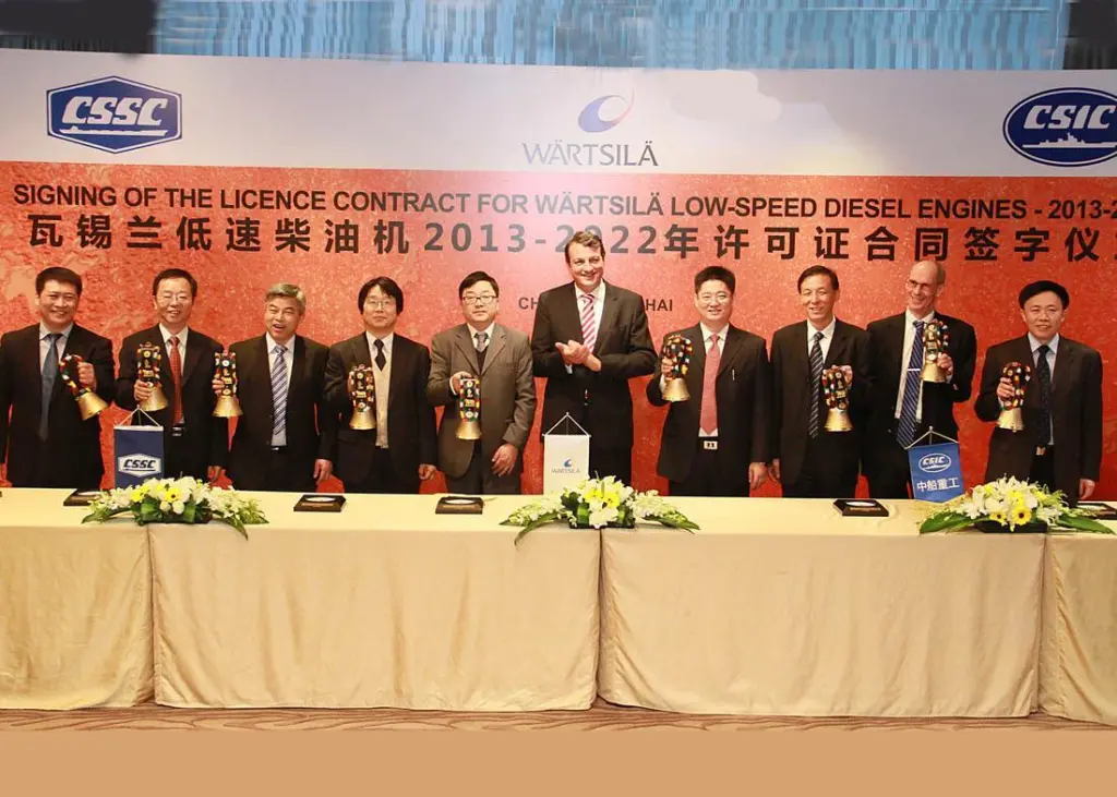 Representatives of Wärtsilä and its Chinese licensees at the recent signing ceremony in Shanghai, left to right: Liu Shuangzhi, CSTC; Guo Yabin, GMD; Zhang Haisen, CME; Kimihiko Sugiura, CMD; Gu Jitong, HHM; Martin Wernli, Wärtsilä; Wu Shu, DMD;...