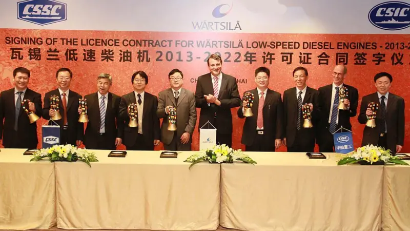 Representatives of Wärtsilä and its Chinese licensees at the recent signing ceremony in Shanghai, left to right: Liu Shuangzhi, CSTC; Guo Yabin, GMD; Zhang Haisen, CME; Kimihiko Sugiura, CMD; Gu Jitong, HHM; Martin Wernli, Wärtsilä; Wu Shu, DMD;...