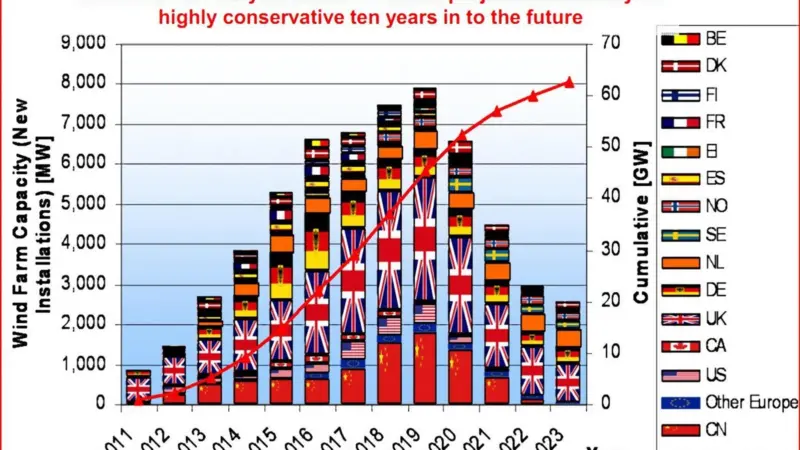 Market outlook of offshore wind turbine installations until year 2023; currently around 1GW is being installed annually rising to 5GW - this means 250 to 1,000 turbines installed per year
