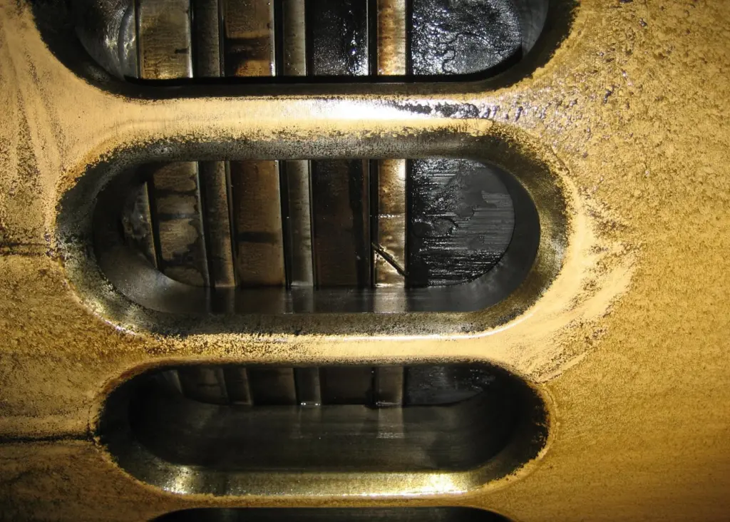 Piston with rings, as seen through scavenge ports (GL)