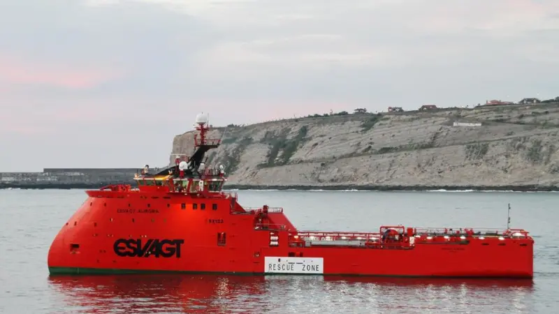 The ‘Esvagt Aurora’ pictured departing the Zamakona Shipyard in Bilbao