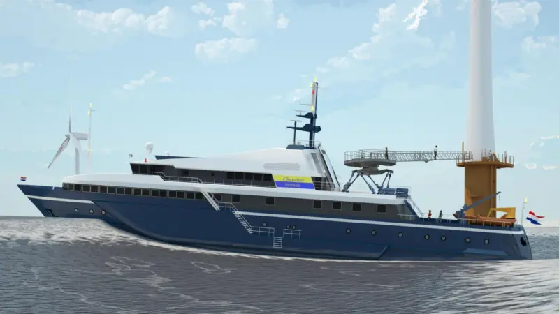 Rendering of ‘DP Gezina’ after conversion to windfarm accommodation and transport ship from passenger ferry