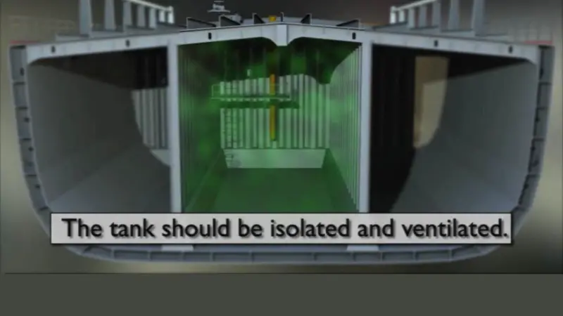 Screen shot from the American Club's previous confined space safety video about tanker spaces
