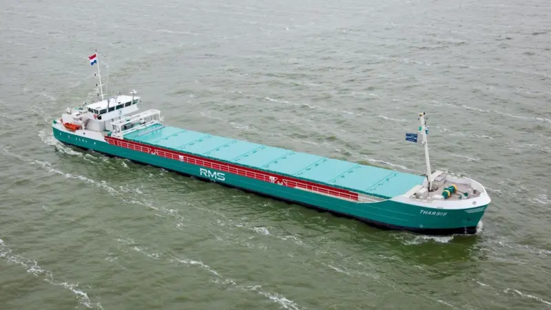 Ultra-efficient coaster ‘Tharsis’ has diesel-electric propulsion and twin screws; she entered service between Duisburg, in the Ruhr heartland, and the UK inland port of Goole