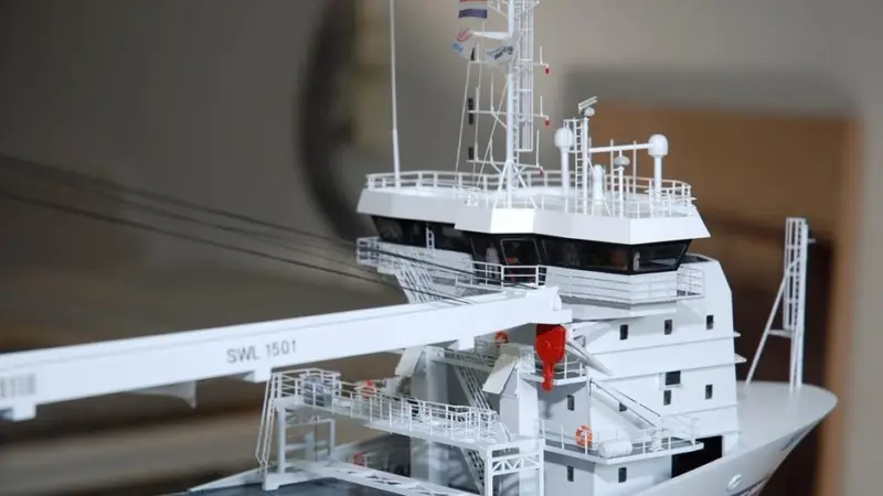 A model of one of the four newbuild multipurpose heavy lift vessels bound for Daniel Hartman shipping