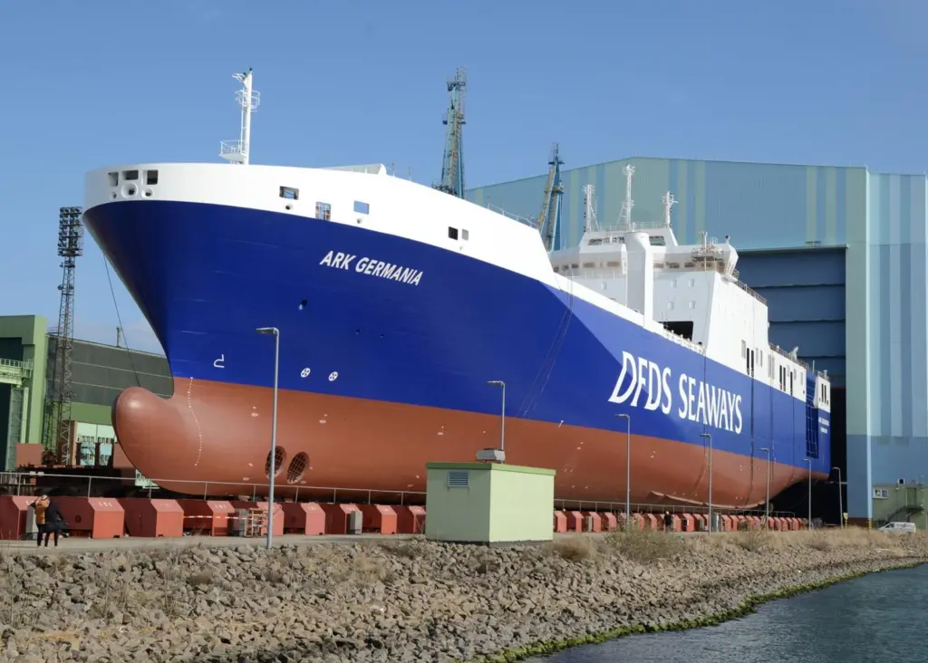 Volkswerft Stralsund’s yard No 500, for DFDS of Denmark, has left the assembly hall and will later be named ‘Ark Germania’ (P&S Werften)