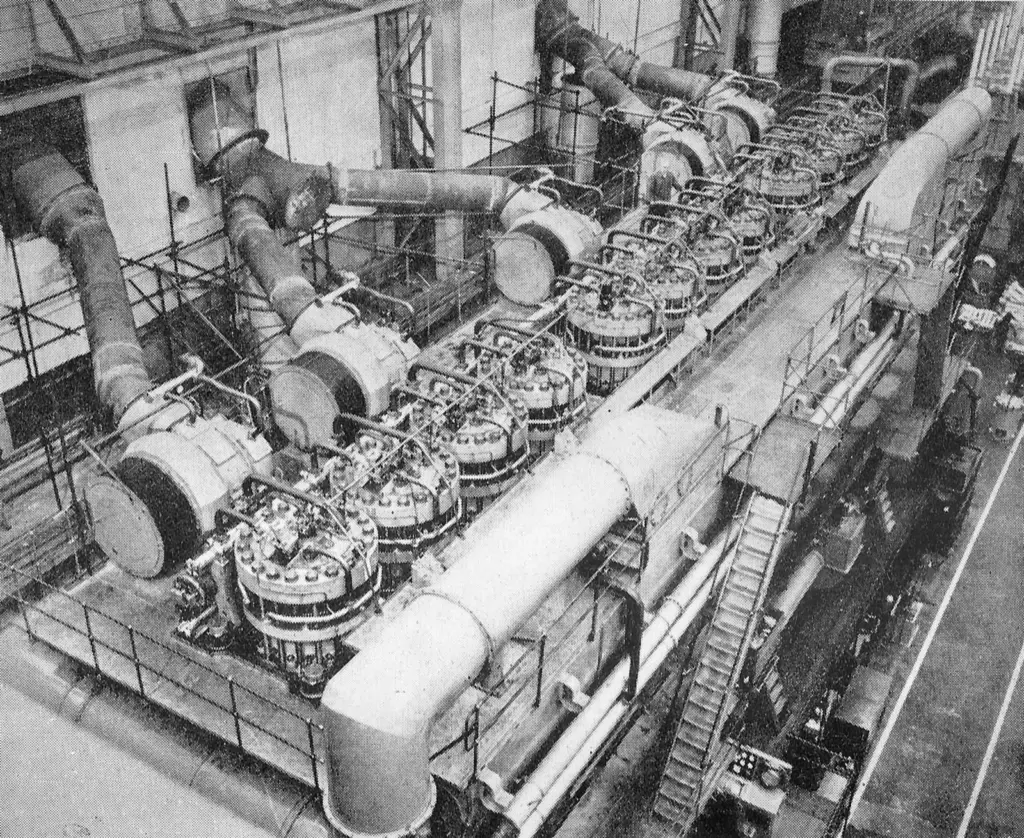 Top view of the Fiat engine which had achieved over 32,500bhp on test, showing the cylinder tops and Brown Boveri turbochargers.