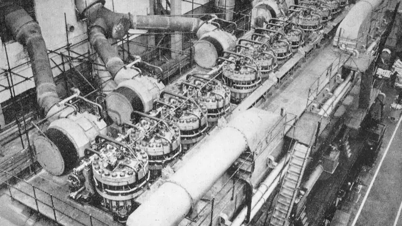 Top view of the Fiat engine which had achieved over 32,500bhp on test, showing the cylinder tops and Brown Boveri turbochargers.