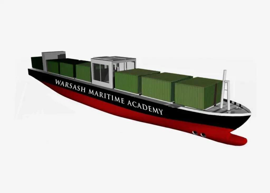 The scaled model ship has been based on a real 13,000 teu container ship