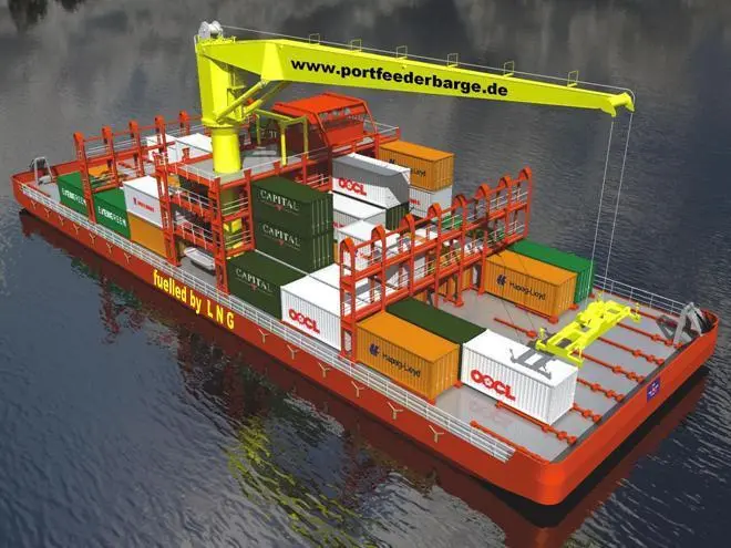 Port feeder barge is self-propelled and versatile