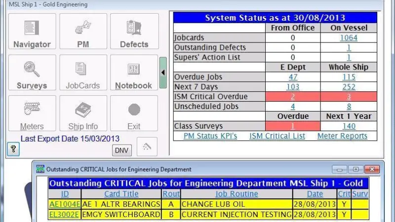 Marine Software’s new status screen on its Marine Planned Maintenance module