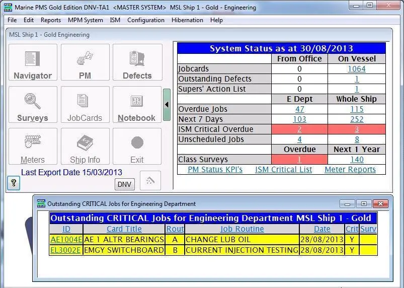 Marine Software’s new status screen on its Marine Planned Maintenance module