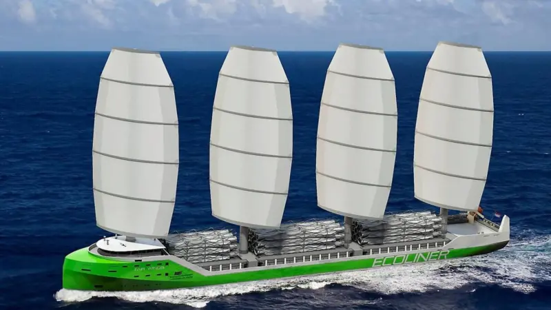 The Dutch-designed Ecoliner features four masts, which can double as cranes