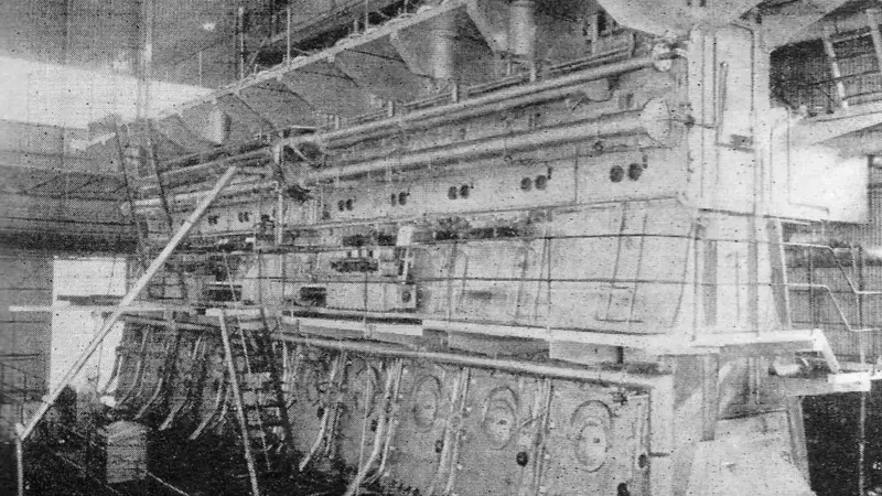 The Harima-Sulzer 10 RD 90 engine fitted to the ‘Hatsushima Maru’ tanker- the largest and most powerful Sulzer-powered ship