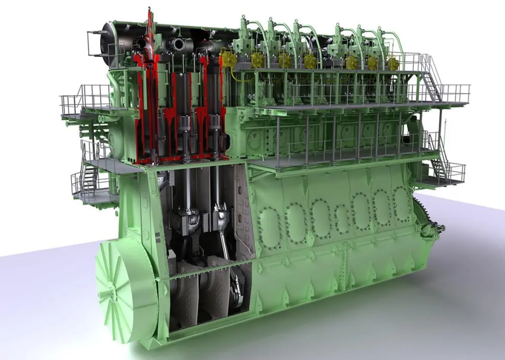 Graphical rendering of the nine-cylinder, 90-cm-bore version of MAN Diesel & Turbo’s ME-GI dual-fuel low-speed engine