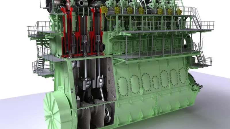 Graphical rendering of the nine-cylinder, 90-cm-bore version of MAN Diesel & Turbo’s ME-GI dual-fuel low-speed engine