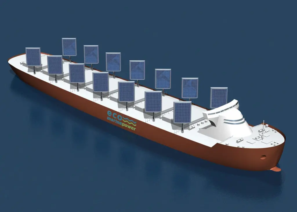 Impression of a large cargo ship employing the Aquarius hybrid concept from Eco Marine Power