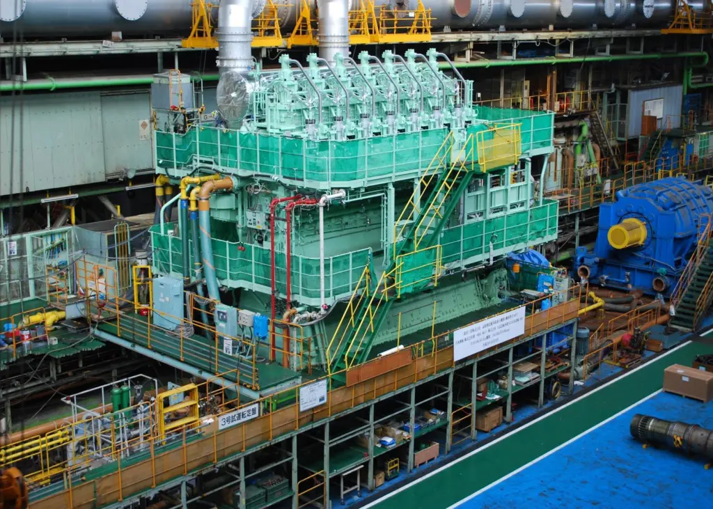 Mitsubishi is strengthening its UE two-stroke range; pictured is a seven-cylinder model of the UEC60LSE-Eco type