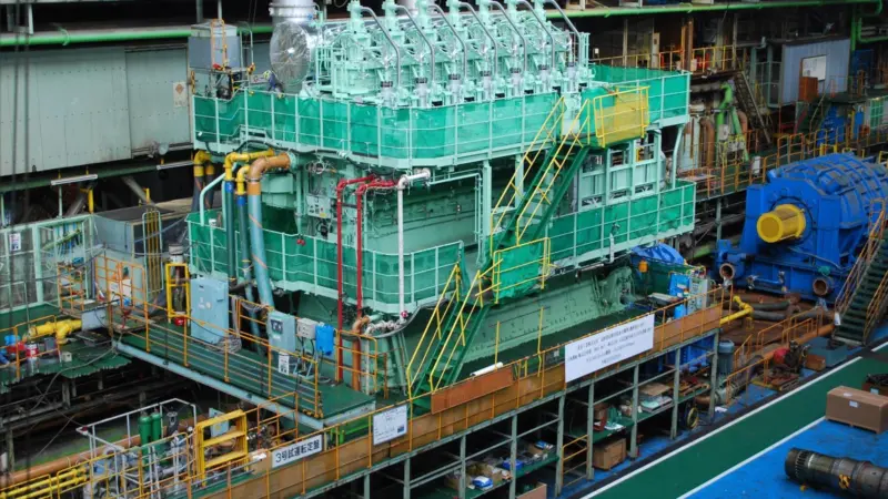 Mitsubishi is strengthening its UE two-stroke range; pictured is a seven-cylinder model of the UEC60LSE-Eco type