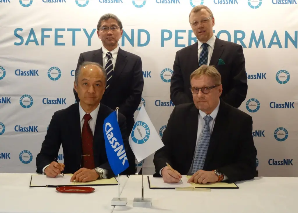 The acquisition of NAPA by Class NK is concluded byTetsuya Kinoshita, executive vice president, ClassNK (top left), Yasushi Nakamura, representative director, executive vice president, ClassNK (bottom left) Juha Heikinheimo, president, NAPA Grou...