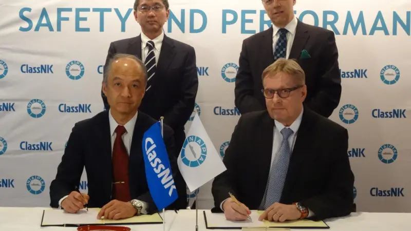 The acquisition of NAPA by Class NK is concluded byTetsuya Kinoshita, executive vice president, ClassNK (top left), Yasushi Nakamura, representative director, executive vice president, ClassNK (bottom left) Juha Heikinheimo, president, NAPA Grou...