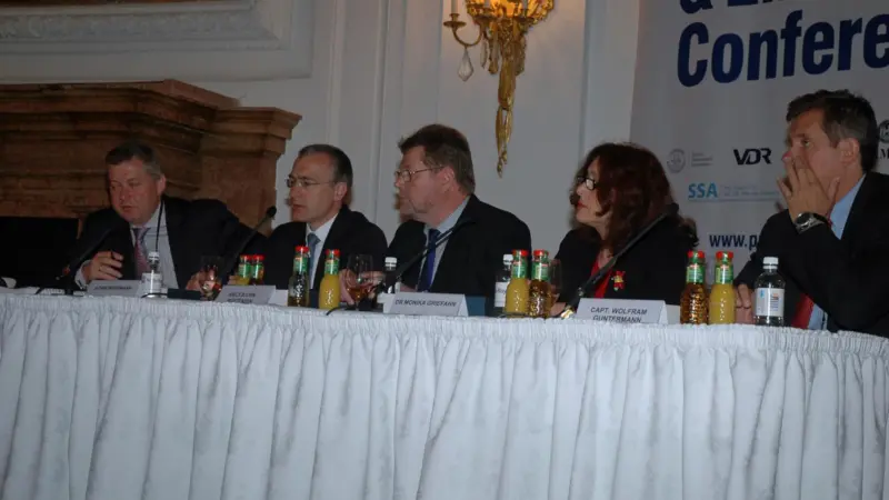 The keynote speakers at the 36th Motorship Propulsion & Emissions Conference - Lars Robert Pederson, Achim Wehrmann, Bjorn Mortensen, Dr Monika Griefahn and Capt Wolfram Guntermann