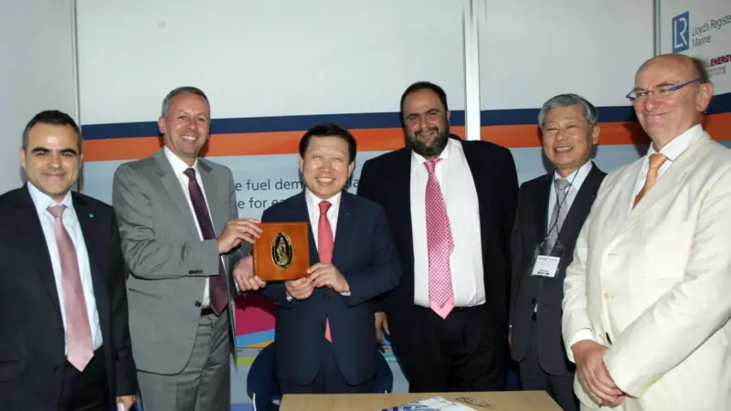 Launching the joint project: Apostolos Poulovassilis and Richard Sadler, Lloyd’s Register, J.H. Ko, DSME; Evangelos Marinakis, Capital Product Partners; Y.Y. Koh, DSME and Jerry Ventouris, Capital Maritime & Trading