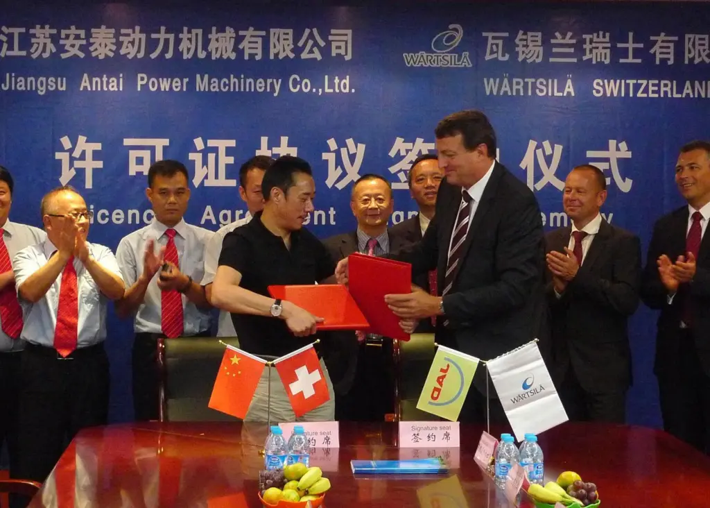 The agreement was signed in Jingjiang City, China by Mr Chen Guochong, chairman of JAD, and Wartsila Switzerland MD Martin Wernli