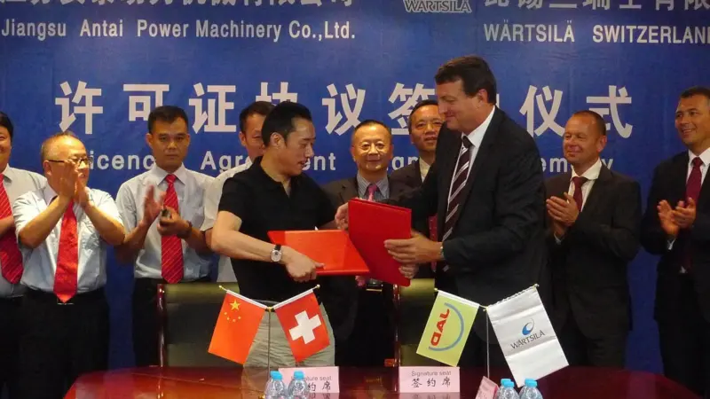 The agreement was signed in Jingjiang City, China by Mr Chen Guochong, chairman of JAD, and Wartsila Switzerland MD Martin Wernli