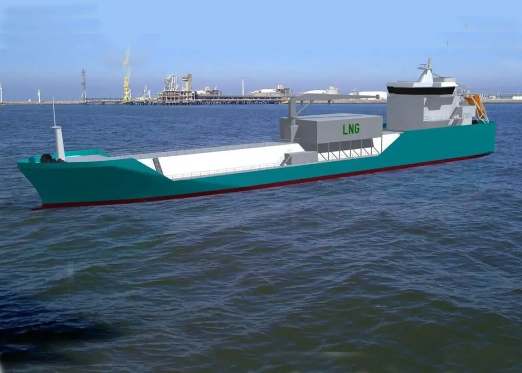 Rendering of the LNG bunker barge to be built in Korea to BV class
