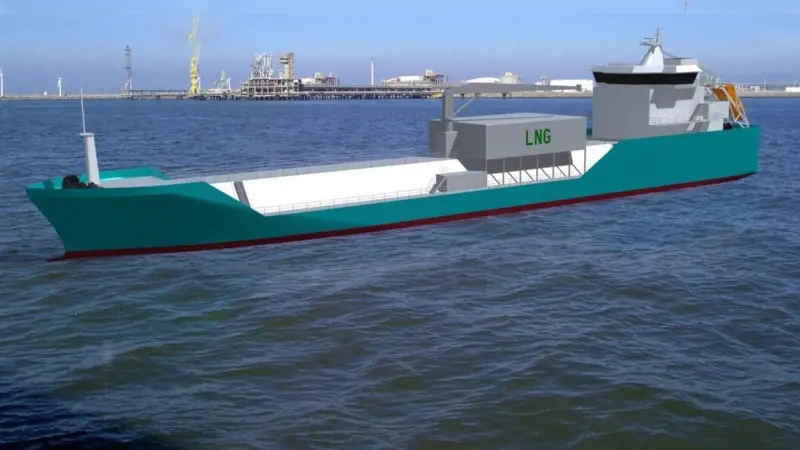 Rendering of the LNG bunker barge to be built in Korea to BV class