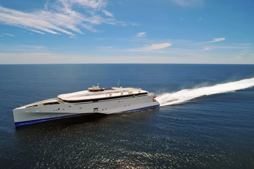 The high speed 102m trimaran ferry which will supplement Condor’s Channel Island services in 2015 following interior work by Trimline (picture credit: Austal)
