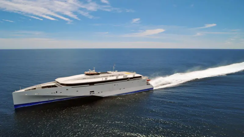 The high speed 102m trimaran ferry which will supplement Condor’s Channel Island services in 2015 following interior work by Trimline (picture credit: Austal)