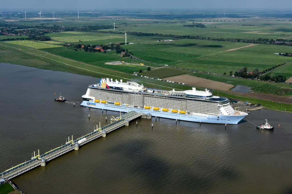 Navigational skill completes an industrial feat: Quantum of the Seas on her passage down the Ems from the builder's yard at Papenburg