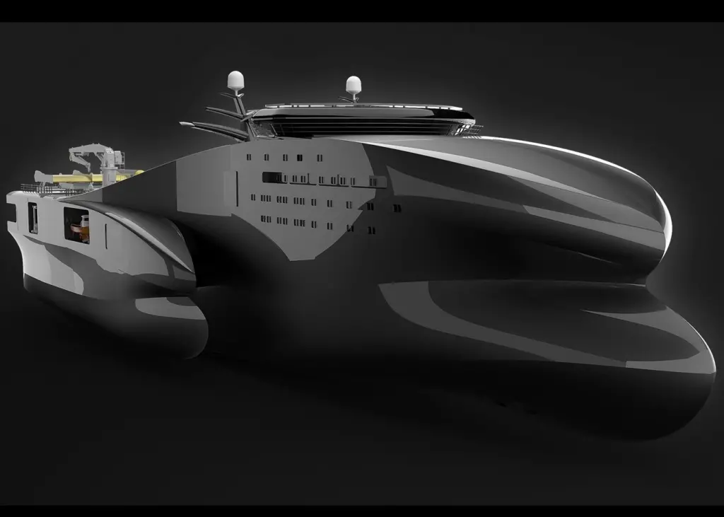 Oilcraft’s seismic trimaran presents less water resistance and better motion than a similar-beam monohull