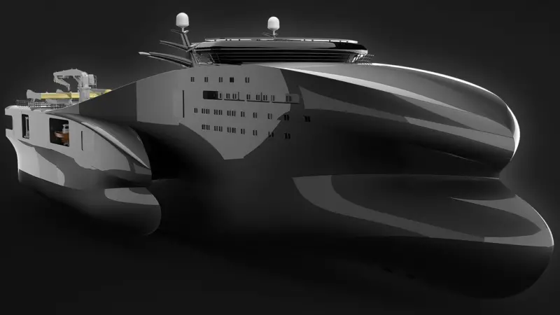 Oilcraft’s seismic trimaran presents less water resistance and better motion than a similar-beam monohull