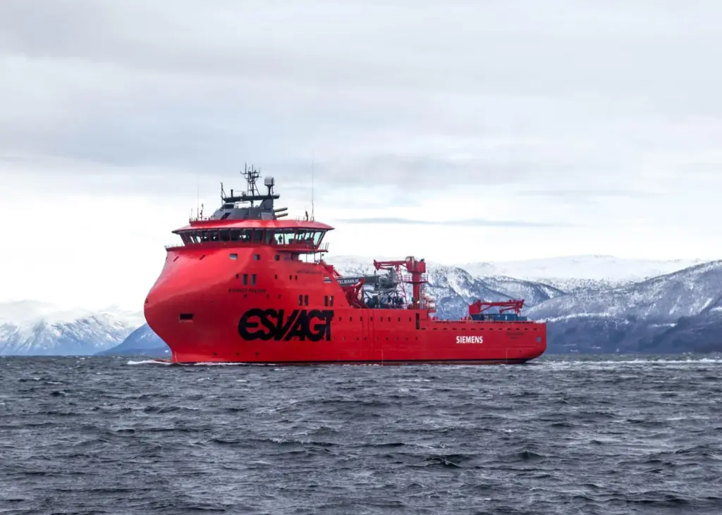 The first of three Havyard OSVs built for Esvagt makes its way from Leirvik