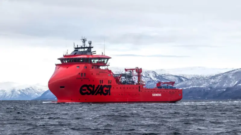 The first of three Havyard OSVs built for Esvagt makes its way from Leirvik
